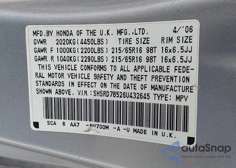 2006 Honda Cr-V Lx z USA, uszkodzony, nr VIN SHSRD78526U432645
